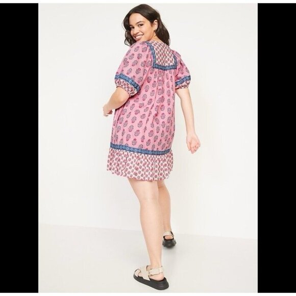 Old Navy Puff Sleeve Printed Mini Swing Dress Womens L Painted Posies Pink - Picture 1 of 8